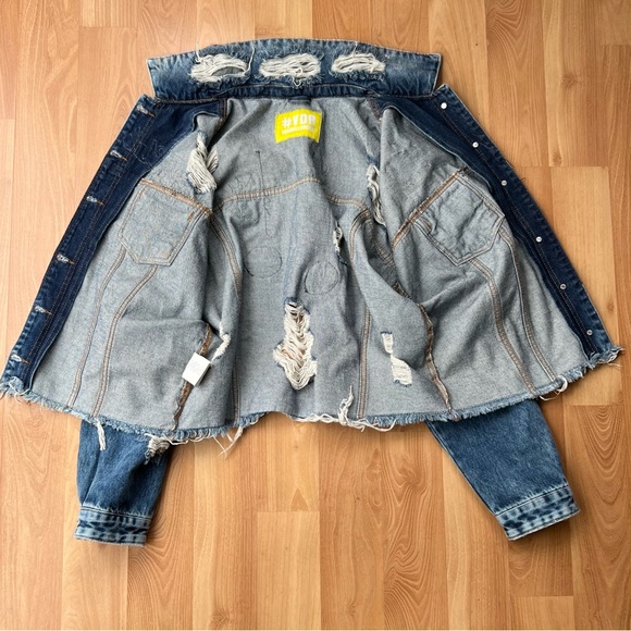 VDR Via Delle Rose Italian Cropped Denim Jacket with Patches Distressed Large - Picture 4 of 6